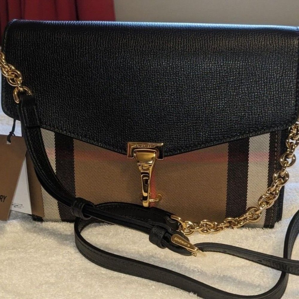 NWT Burberry Small Macken House Check Derby Leather Cross Body Bag Black 398082
